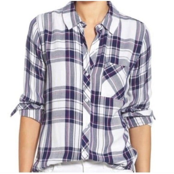 Revolve Rails Hunter Plaid Button Down Shirt White Navy & Orchid Sz S - Picture 5 of 12